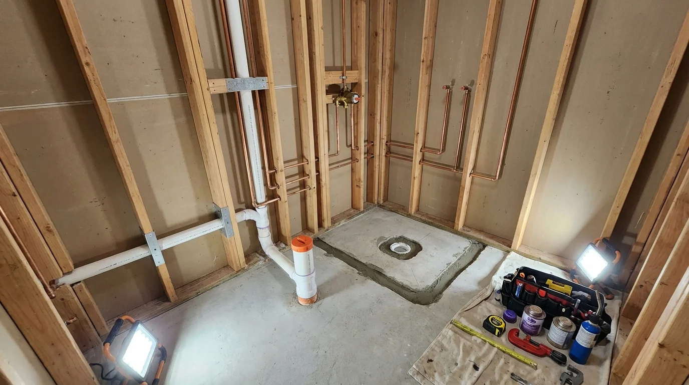 Bathroom rough-in plumbing during remodel by Johns Plumbing LLC in Salineville