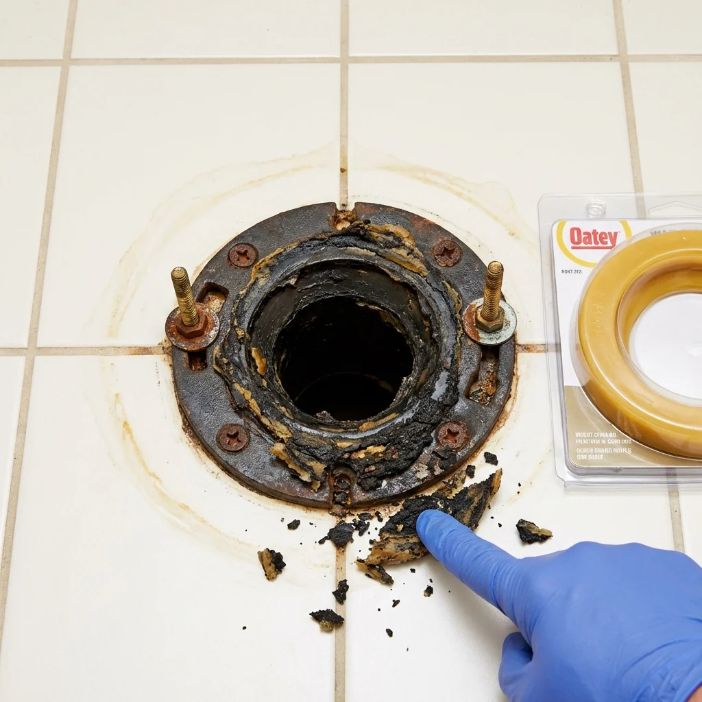 Failed wax ring showing water seepage at the base of a toilet in a Salineville, OH home