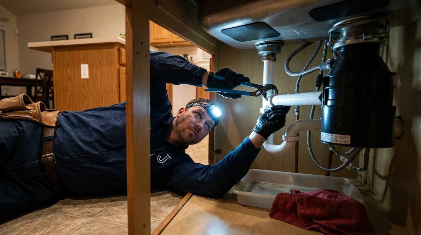 P-trap and supply line connections under a kitchen sink showing a common leak point in Salineville, OH